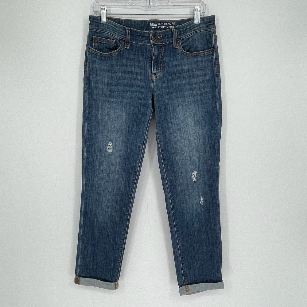 Gap Women's Blue Distressed Boyfriend Fit Stretch Straight Denim Jeans Size 6 28